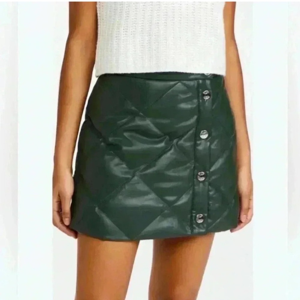 STAUD Dark Green Vegan Leather Quilted Mini Skirt  Sz 4